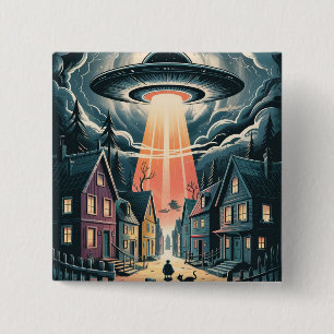 UFO Abduction Night Street Illustration 2 Inch Square Button