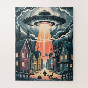 UFO Abduction Night Street Illustration Jigsaw Puzzle