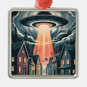 UFO Abduction Night Street Illustration Metal Ornament