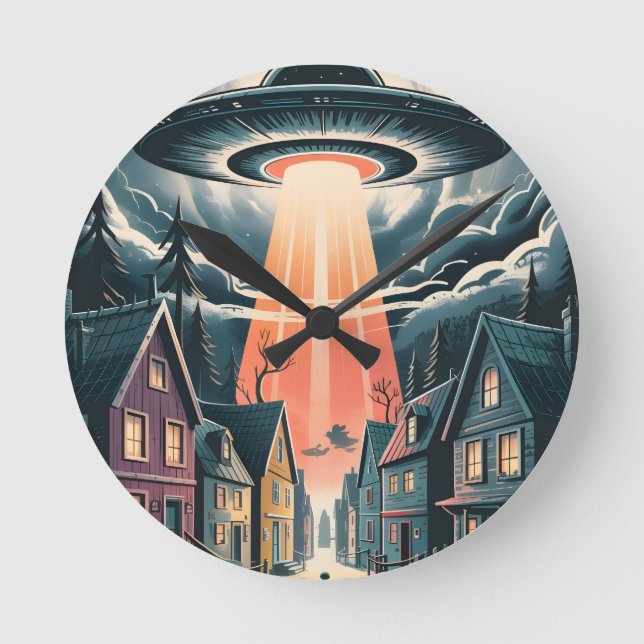 UFO Abduction Night Street Illustration Round Clock (Front)