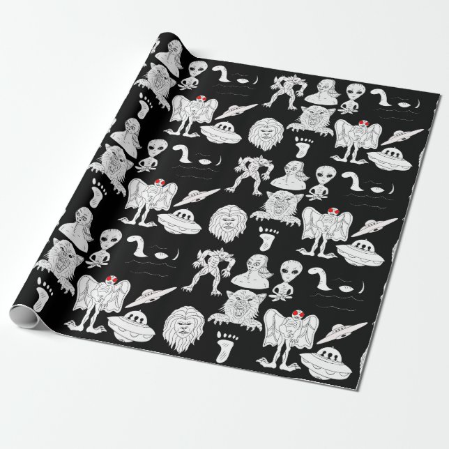 UFO, Alien, Bigfoot Cryptid Birthday  Wrapping Paper (Unrolled)