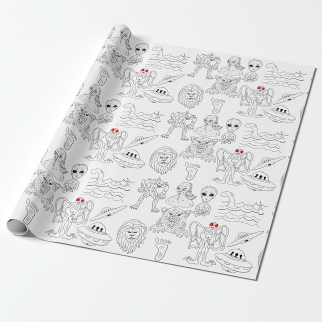 UFO, Alien, Bigfoot Cryptid Birthday  Wrapping Paper (Unrolled)