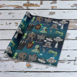 UFO, Alien, Bigfoot Cryptid Birthday Wrapping Paper
