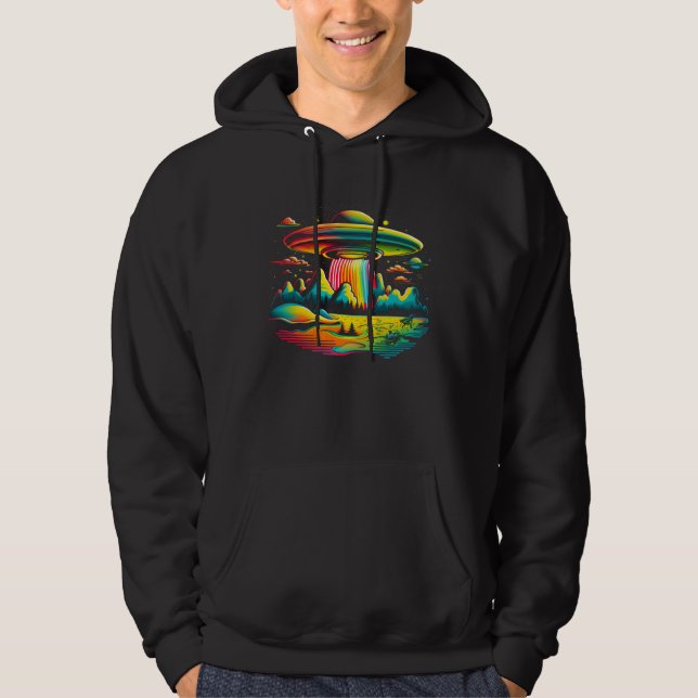 UFO Alien Retro Bright Mountain Lake Camping Visit Hoodie (Front)