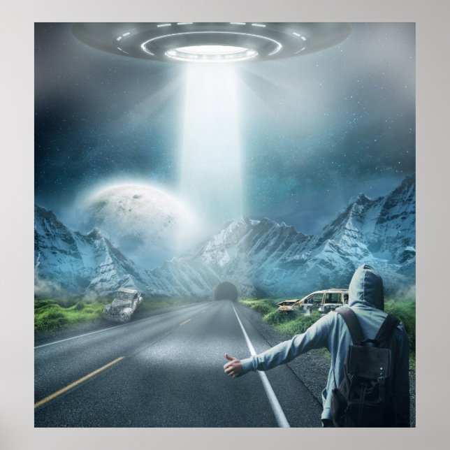 ufo alien spaceship and hitchhiker surreal fantasy poster (Front)