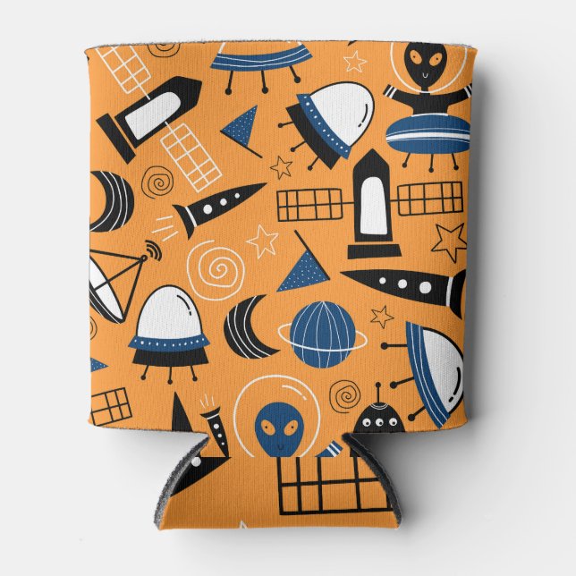 UFO alien, spaceships, kids pattern Can Cooler (Front)