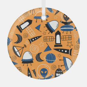 UFO alien, spaceships, kids pattern Glass Ornament