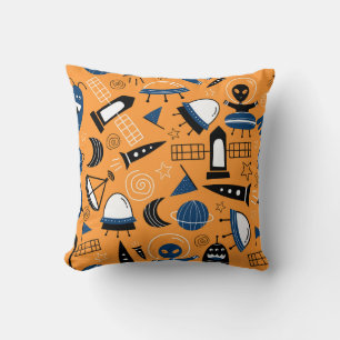 UFO alien, spaceships, kids pattern Throw Pillow