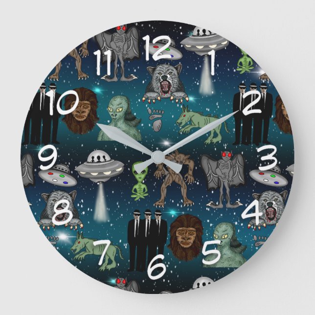 UFO Aliens Chupacabra Bigfoot Cryptids Large Clock (Front)