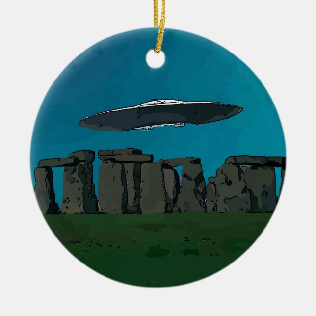 UFO At Stone Henge Ceramic Ornament (Front)