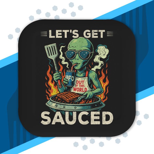 UFO BBQ Grill Cookout Let's Get Sauced Funny Alien Paper Plate (Creator Uploaded)