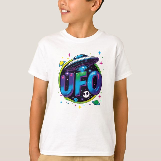 UFO - Cosmic Flying Planet Design T-Shirt (Front)
