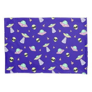 🛸 UFO Cosmic Glow 👽 Alien Faces & Stars Blue  Pillowcase