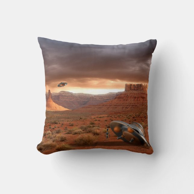 UFO Crash in the Desert with Alien Awaiting Rescue Throw Pillow (Front)