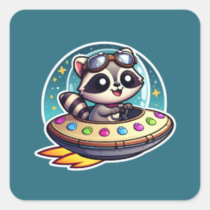 UFO Cute Raccoon Square Sticker