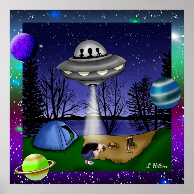 UFO Extraterrestrial Abduction Alien with Planets Poster (Front)
