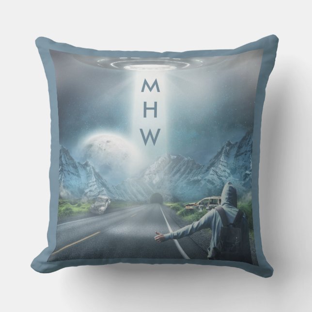 UFO Hitchhiker custom monogram throw pillows (Front)