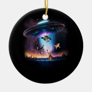 UFO Holding Cats Sci-fi ALien Space Galaxy Cat Lov Ceramic Ornament