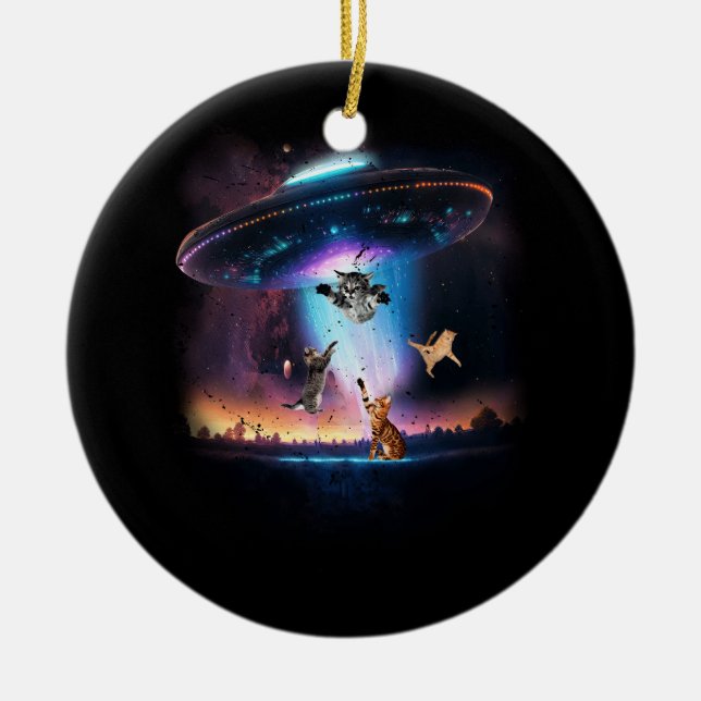 UFO Holding Cats Sci-fi ALien Space Galaxy Cat Lov Ceramic Ornament (Front)
