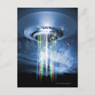 UFO hovering above Earth while abducting humans. Postcard