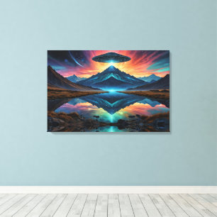 UFO hovers over Colourful Mountains and Lake Canvas Print