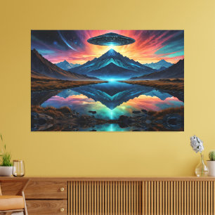 UFO hovers over Colourful Mountains and Lake Canvas Print