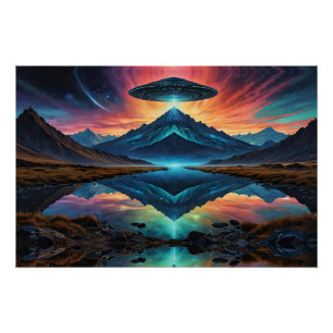 UFO hovers over Colourful Mountains and Lake Poster