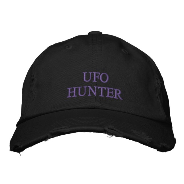 UFO HUNTER embroidery black distressed cap hat (Front)