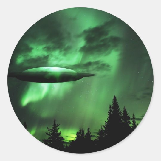UFO in green clouds Classic Round Sticker