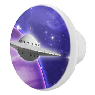 UFO in Purple Space Pink Planet Stars Galaxy Ceramic Knob