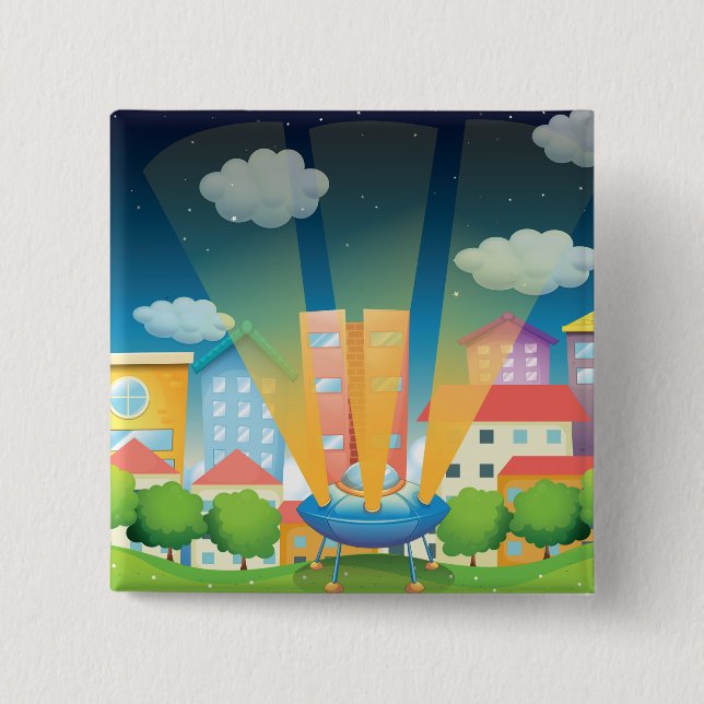 UFO Landing in a Bright City Night Scene 2 Inch Square Button (Front)