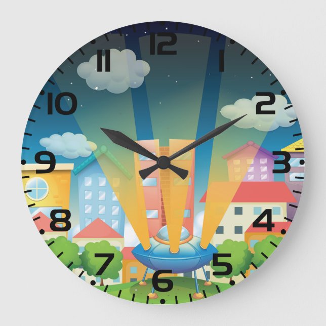 UFO Landing in a Bright City Night Scene Large Clock (Front)