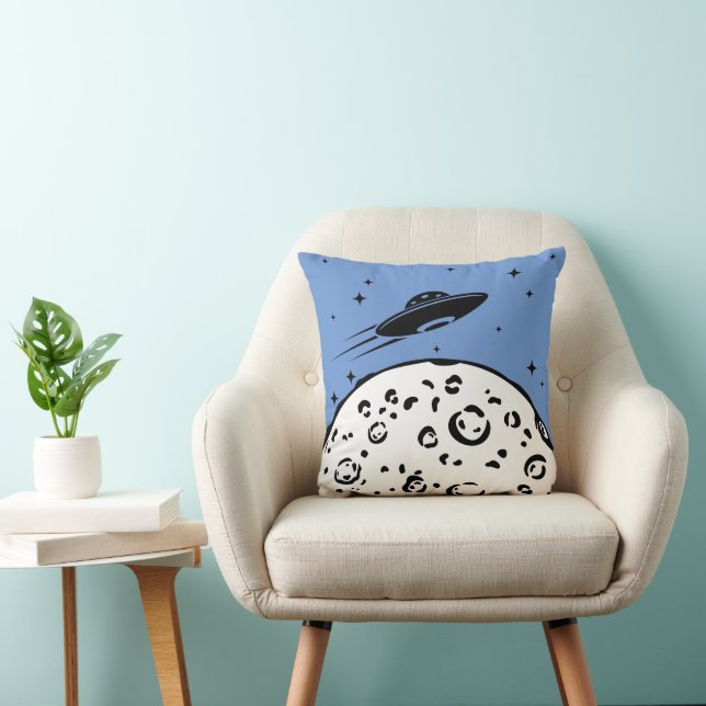 UFO over Moon Cornflower Blue Throw Pillow (Chair)
