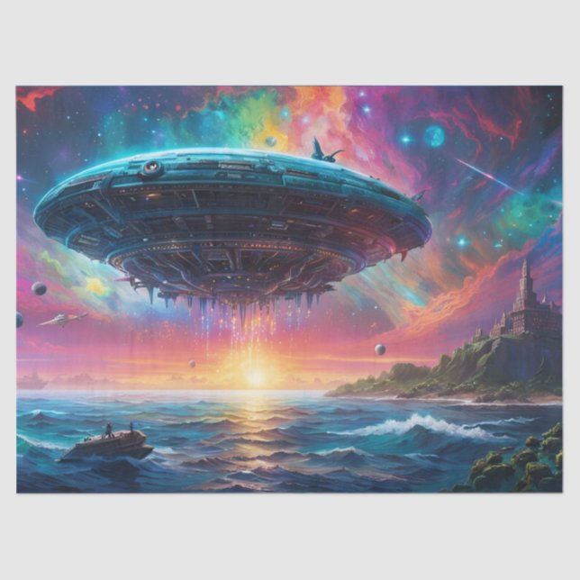 UFO over ocean, Fantasy, planets  Tissue Paper (Front)