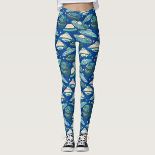 UFO Pattern Retro Style. Blue BG Leggings