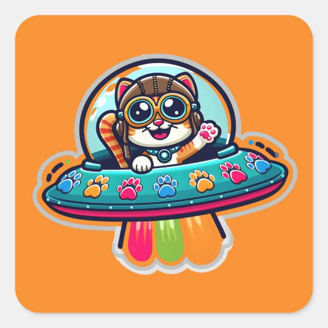UFO Rainbow Kitty Square Sticker (Front)