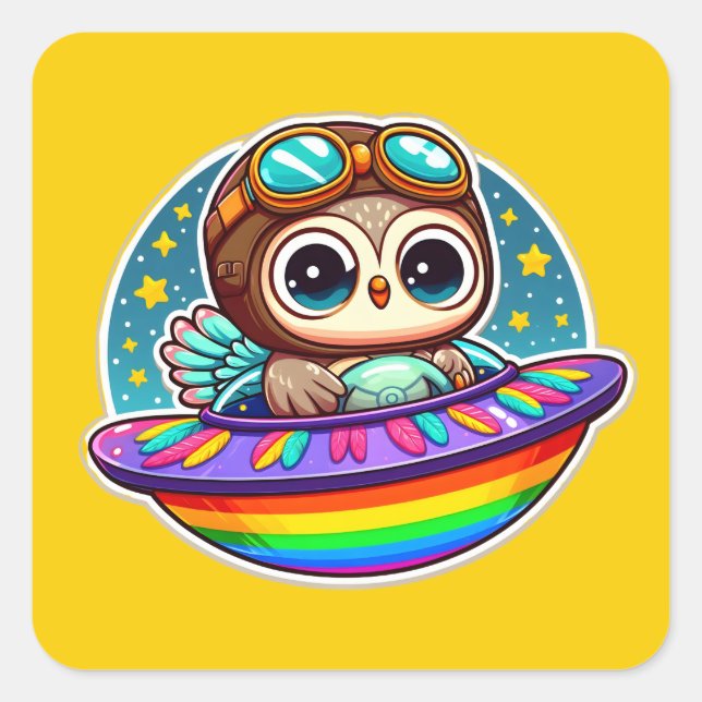 UFO Rainbow Owl Square Sticker (Front)