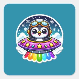 UFO Rainbow Penguin Square Sticker