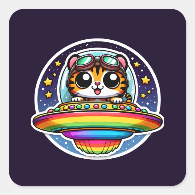 UFO Rainbow Tiger Square Sticker (Front)