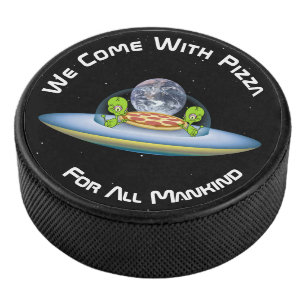 UFO Saucer Aliens Delivering Pizza to Earth Hockey Puck