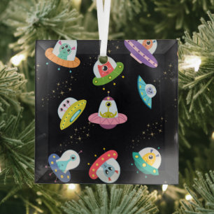 UFO SHIPS PATTERN GLASS ORNAMENT