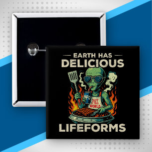 UFO Space BBQ Grill Earth Lifeforms Funny Alien 2 Inch Square Button