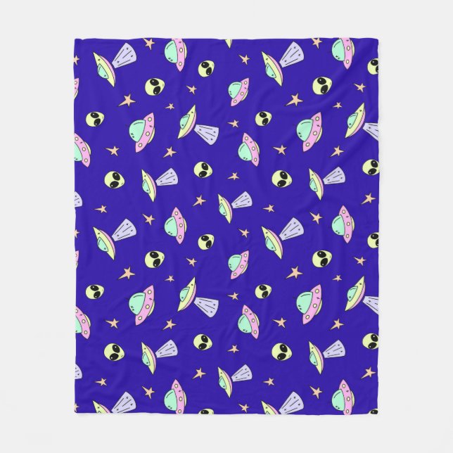 UFOs, Alien Faces, and Stars on Blue Background Fleece Blanket (Front)