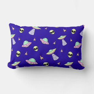 UFOs, Alien Faces, and Stars on Blue Background Lumbar Pillow