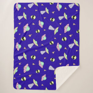 UFOs, Alien Faces, and Stars on Blue Background Sherpa Blanket
