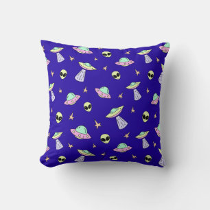 UFOs, Alien Faces, and Stars on Blue Background Throw Pillow