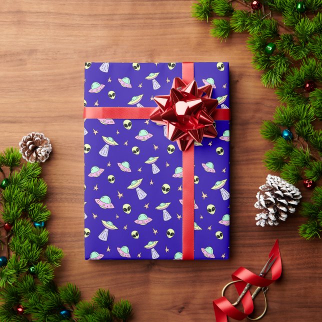 UFOs, Alien Faces, and Stars on Blue Background Wrapping Paper (Holiday Gift)
