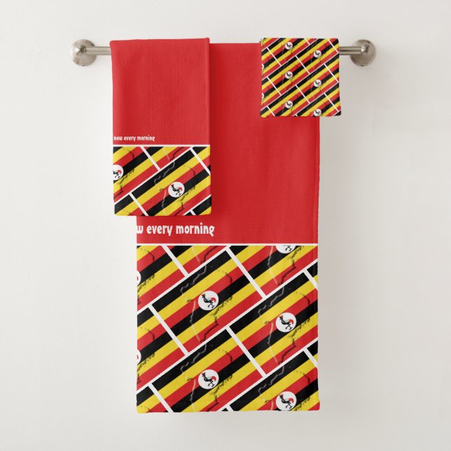 UGANDA FLAG Personalized Scripture RED Bath Towel Set (Insitu)