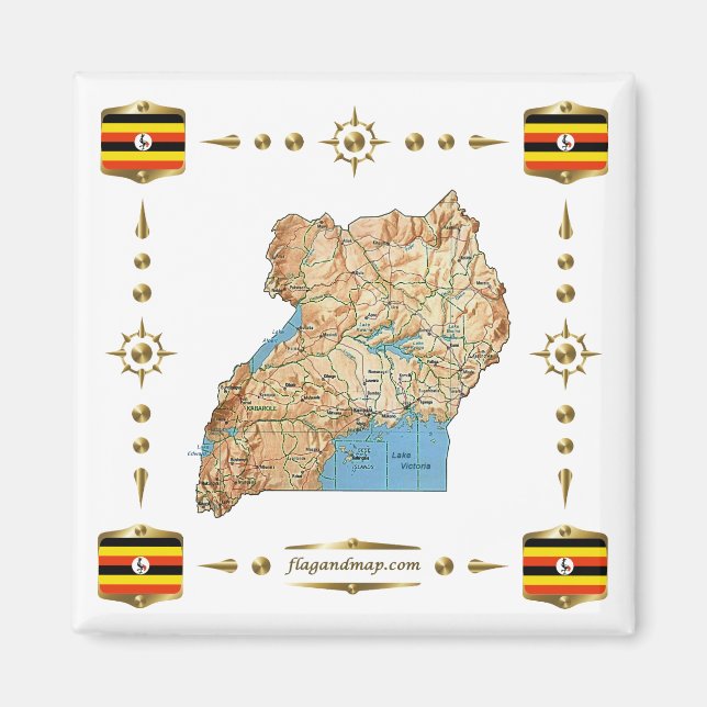 Uganda Map + Flags Magnet (Front)
