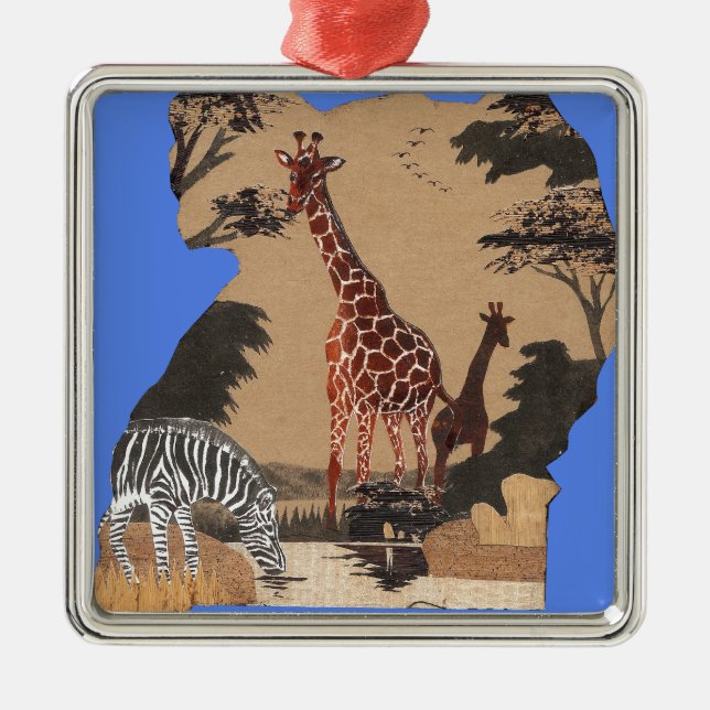Uganda Wildlife Map Art Print Metal Ornament (Front)